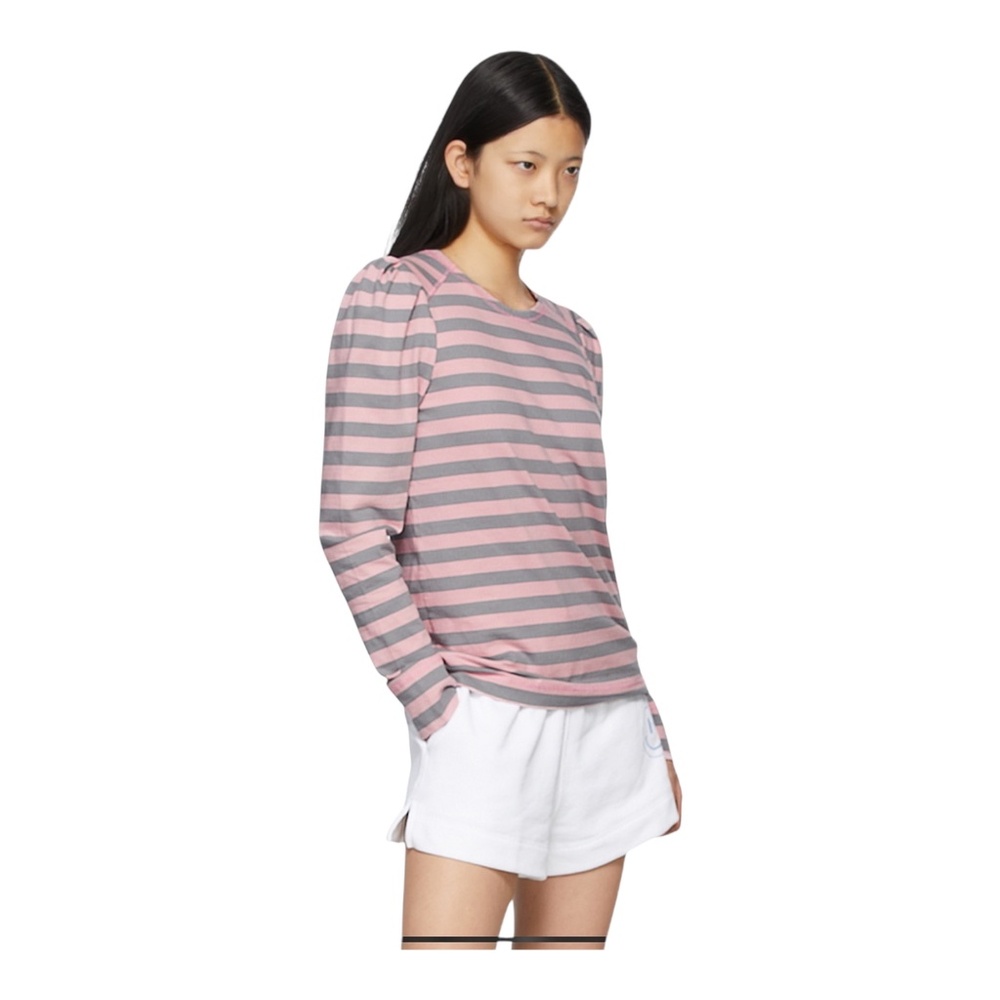 NWT Ganni Pink & Gray Striped Sharkskin Pleated Shoulder Top M